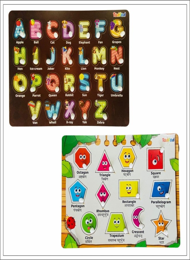 Todfod Wooden Learning Educational Board for Kids, Puzzle Toys Boys & Girls (Alphabets, Numbers & Shapes) (ABC, Numbers & Shapes) (ABCD 4 in 1 & Shapes) - Image 1